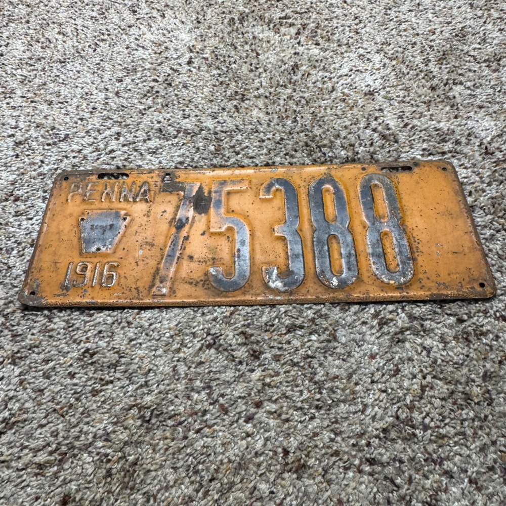 Vintage 1916 Pennsylvania License‎ Plate 75388 Orange Porcelain Enamel Antique